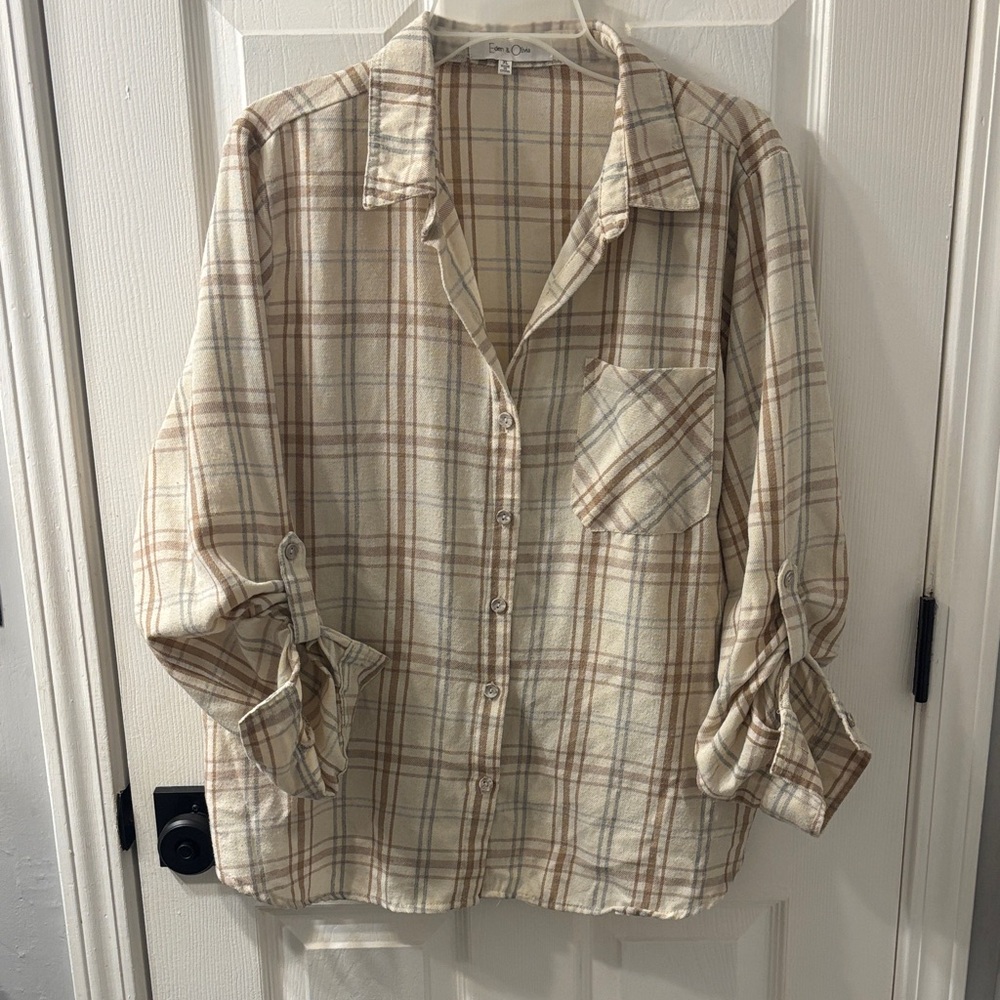 Cream Plaid Button-Up Shirt - Casual Woman’s Shirt